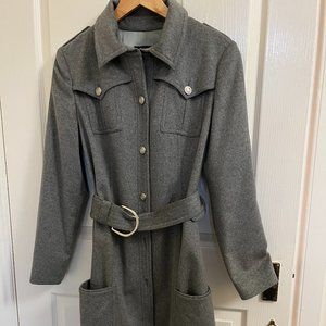 Pink Tartan Cashmere & Wool Blend Grey Pea Coat with Pockets and Belt
